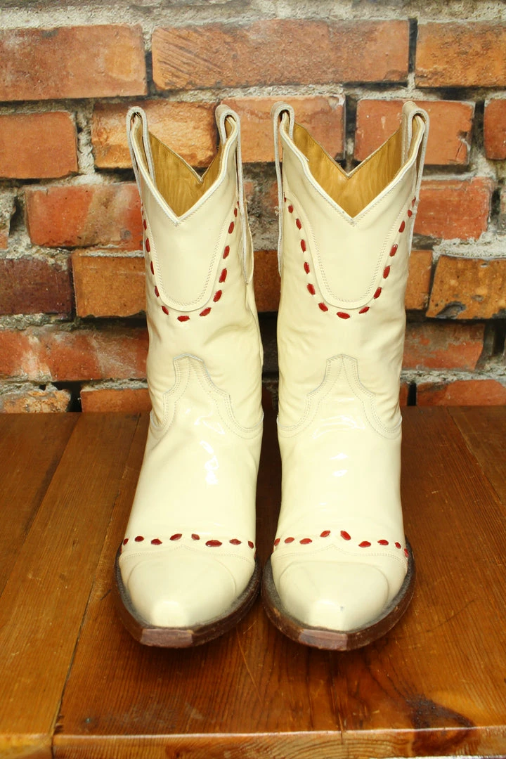 Hot Sale 🎁 Old Gringo TIFFIANY'S CLOSET Patent Leather Ivory ✔️ Boots With Red Stitching ❤️ 4 Old Gringo TIFFIANY'S CLOSET Patent Leather Ivory Boots With Red Stitching