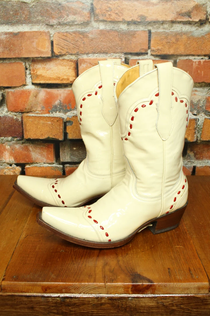 Hot Sale 🎁 Old Gringo TIFFIANY'S CLOSET Patent Leather Ivory ✔️ Boots With Red Stitching ❤️ 5 Old Gringo TIFFIANY'S CLOSET Patent Leather Ivory Boots With Red Stitching