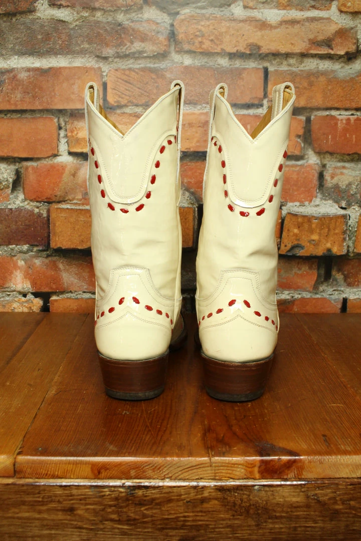 Hot Sale 🎁 Old Gringo TIFFIANY'S CLOSET Patent Leather Ivory ✔️ Boots With Red Stitching ❤️ 6 Old Gringo TIFFIANY'S CLOSET Patent Leather Ivory Boots With Red Stitching