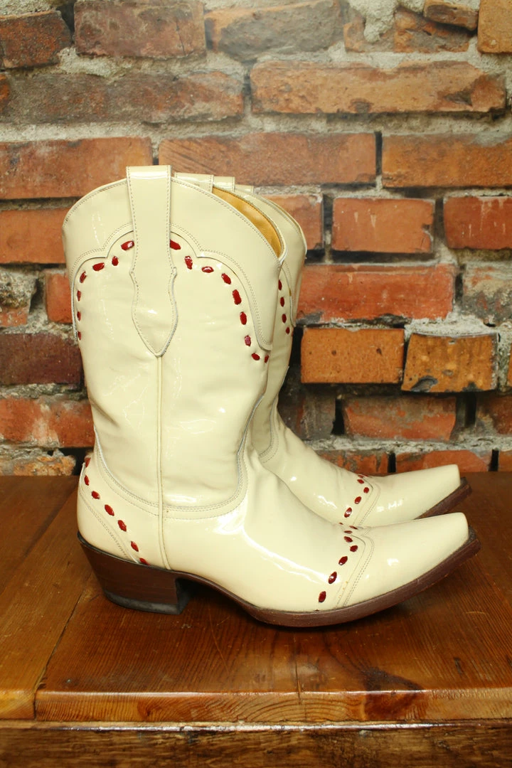 Hot Sale 🎁 Old Gringo TIFFIANY'S CLOSET Patent Leather Ivory ✔️ Boots With Red Stitching ❤️ 3 Old Gringo TIFFIANY'S CLOSET Patent Leather Ivory Boots With Red Stitching