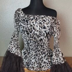 The Sparkling Spur Marrika Nakk Leopard Peasant Blouse With Lace Bell Sleeves