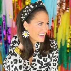 Brianna Cannon Hats/Headbands/Scarves/Gloves Black Twill Headband With Large Pearls And Crystals