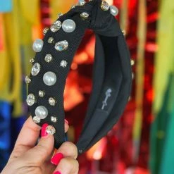 Brianna Cannon Hats/Headbands/Scarves/Gloves Black Twill Headband With Large Pearls And Crystals
